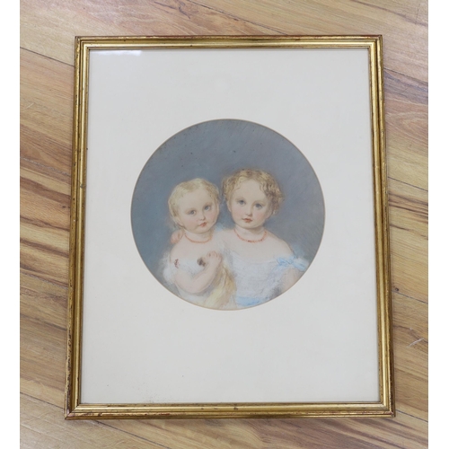 736 - Victorian School, pastel, Two young children wearing coral necklaces, tondo, 28cm