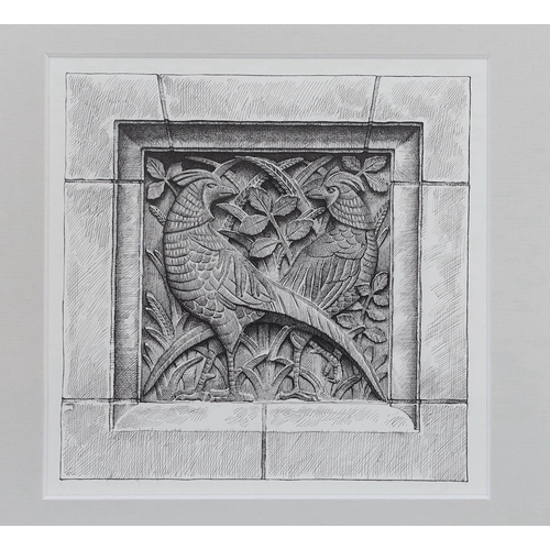 740 - Paul C Allen (Chelsea Art Society), two pen and ink sketches, terracotta mouldings, Natural History ... 