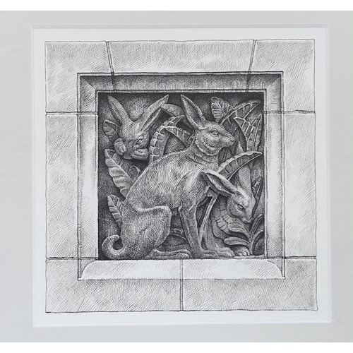 740 - Paul C Allen (Chelsea Art Society), two pen and ink sketches, terracotta mouldings, Natural History ... 