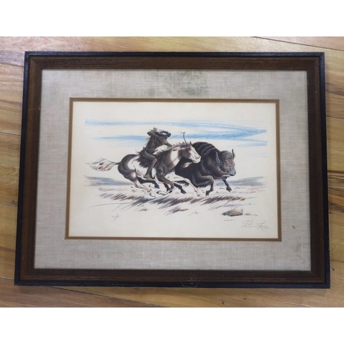 751 - Steve Long (American), colour lithograph, Buffalo hunter, signed and inscribed AP, 30 x 46cm