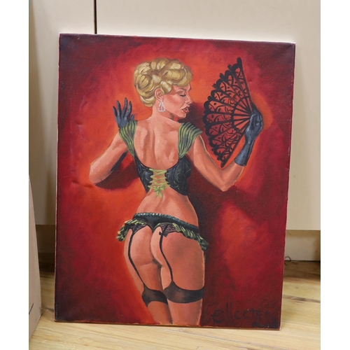 764 - Collection of pictures and prints including oil on canvas, Semi-nude female, signed Ellectra and two... 