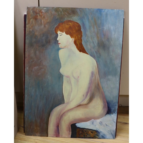 764 - Collection of pictures and prints including oil on canvas, Semi-nude female, signed Ellectra and two... 