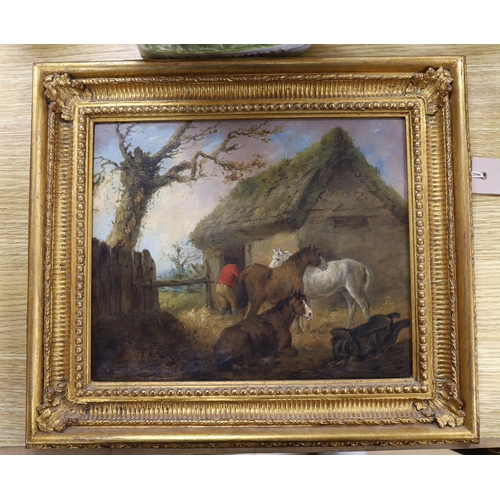 766 - Follower of George Morland (1762/63-1804), oil on canvas, Horses before a thatched stable, bears sig... 