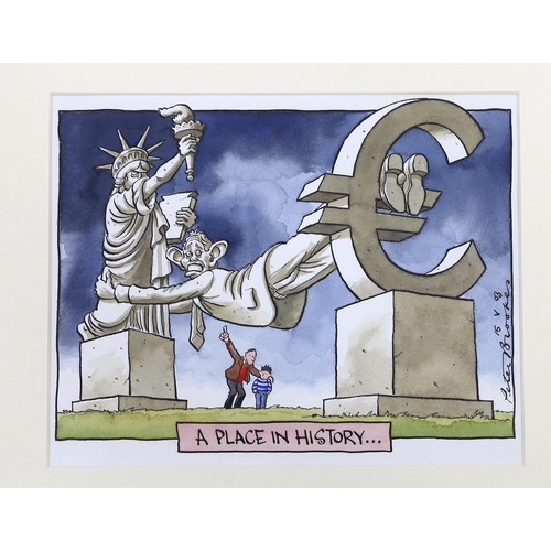 768 - Peter Brookes (b.1943), pen, ink and watercolour satirical cartoon, 'A Place in History', signed, in... 