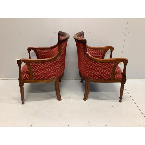 80 - A pair of Empire style upholstered mahogany armchairs, width 65cm, depth 56cm, height 92cm