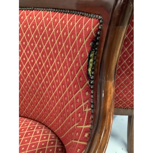 80 - A pair of Empire style upholstered mahogany armchairs, width 65cm, depth 56cm, height 92cm