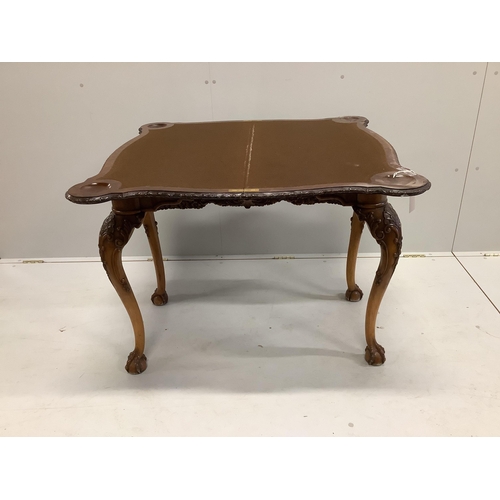 83 - An early 20th century Chippendale Revival burr walnut folding card table, width 92cm, depth 48cm, he... 