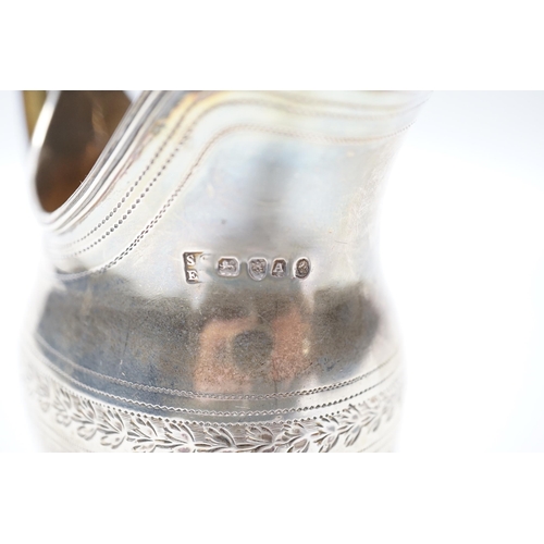 832 - A George III silver engraved helmet shaped cream jug, Godbehere & Wigan, London, 1796, 10cm, 5.3oz.... 