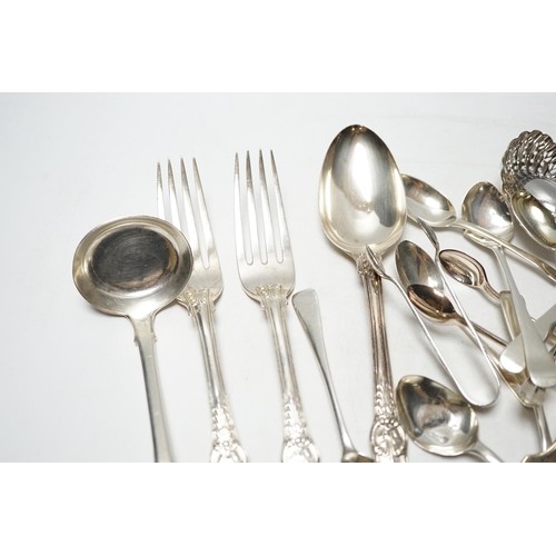 836 - Sundry silver cutlery, including a pair of Victorian Kings pattern table forks and a matching tables... 