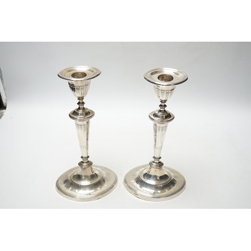 837 - A pair of Edwardian silver mounted oval candlesticks, Thomas Bradbury & Sons, Sheffield, 1901, 23.4c... 