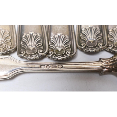 838 - A set of eight Victorian silver fiddle, thread and shell pattern table forks, by George Adams, Londo... 