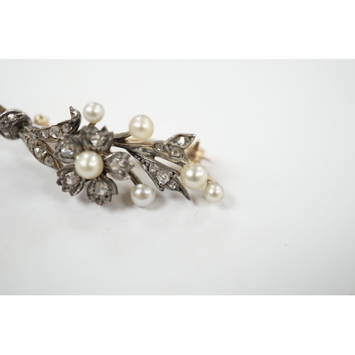 922 - A cased Victorian yellow metal, seed pearl and rose cut diamond set foliate spray brooch, 39mm, gros... 