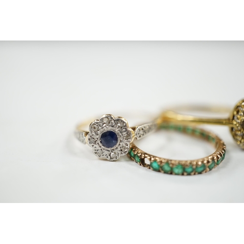 923 - A 1920's 18ct and plat, sapphire and diamond set flower head cluster ring, size L, a 1960's 18ct gol... 