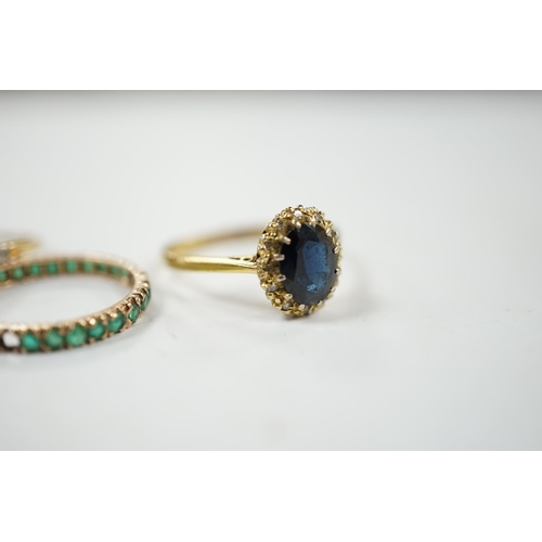 923 - A 1920's 18ct and plat, sapphire and diamond set flower head cluster ring, size L, a 1960's 18ct gol... 