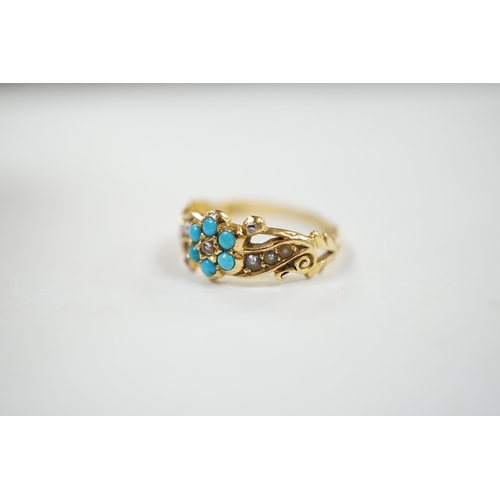 924 - A late Victorian yellow meal, turquoise, rose cut diamond and seed pearl cluster set dress ring, siz... 