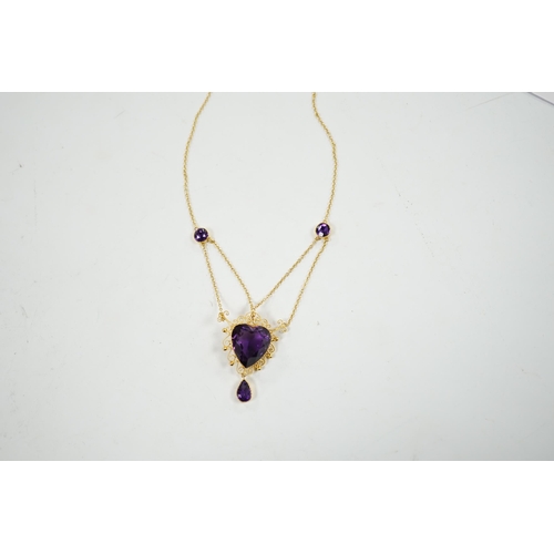 925 - A Victorian style 9ct and four stone amethyst drop pendant necklace, the pendant set with heart shap... 