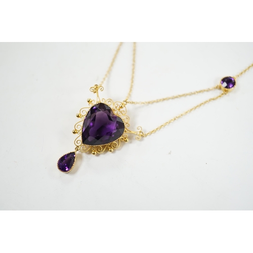 925 - A Victorian style 9ct and four stone amethyst drop pendant necklace, the pendant set with heart shap... 