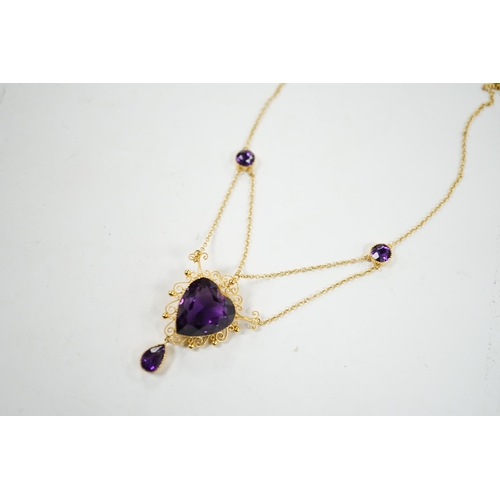 925 - A Victorian style 9ct and four stone amethyst drop pendant necklace, the pendant set with heart shap... 