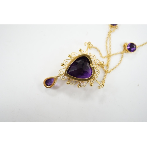 925 - A Victorian style 9ct and four stone amethyst drop pendant necklace, the pendant set with heart shap... 