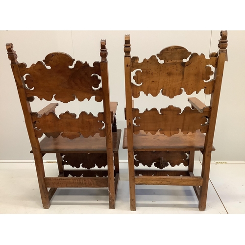 93 - A pair of 18th century style carved inlaid walnut elbow chairs, width 57cm, depth 49cm, height 124cm... 