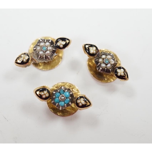 938 - A small pair of antique yellow metal, two colour enamel, turquoise and seed pearl dress studs, 15mm ... 