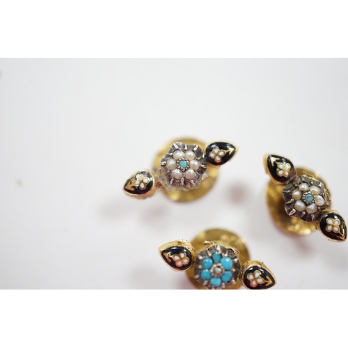 938 - A small pair of antique yellow metal, two colour enamel, turquoise and seed pearl dress studs, 15mm ... 