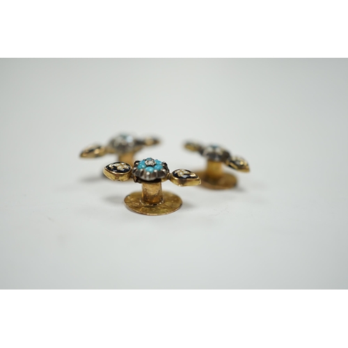 938 - A small pair of antique yellow metal, two colour enamel, turquoise and seed pearl dress studs, 15mm ... 