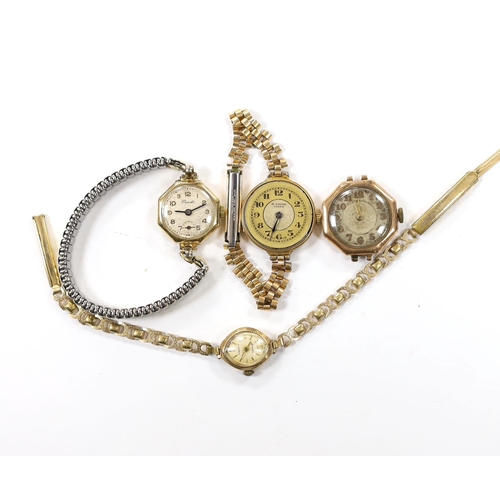 951 - Four lady's assorted 9ct gold manual wind wrist watches, including Accurist and Precista, three on g... 