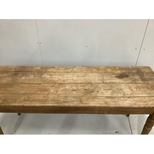 104 - A Victorian rectangular fruitwood kitchen table, width 174cm, depth 60cm, height 76cm