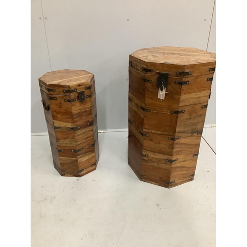 100 - Two Indian metal mounted octagonal hardwood boxes, larger width 45cm, height 77cm