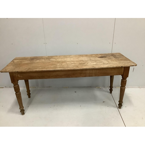 104 - A Victorian rectangular fruitwood kitchen table, width 174cm, depth 60cm, height 76cm