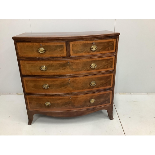 106 - A Regency satinwood banded mahogany bow fronted chest of drawers, width 105cm, depth 55cm, height 10... 