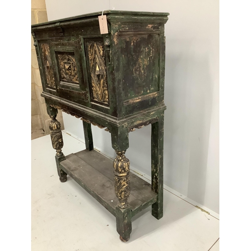 124 - A Jacobean style painted oak cupboard on stand, width 98cm, depth 38cm, height 131cm