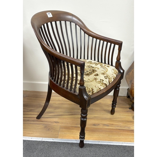 145 - A late Victorian mahogany tub framed elbow chair, width 51cm, depth 47cm, height 82cm