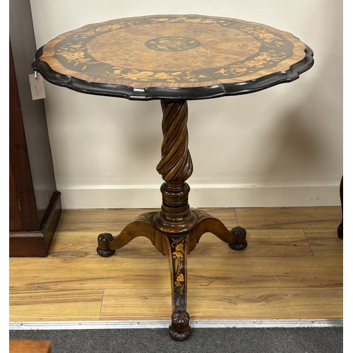 148 - A 19th century Italian floral marquetry burr walnut circular tripod table, diameter 70cm, height 75c... 