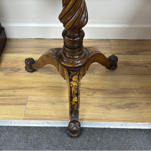 148 - A 19th century Italian floral marquetry burr walnut circular tripod table, diameter 70cm, height 75c... 