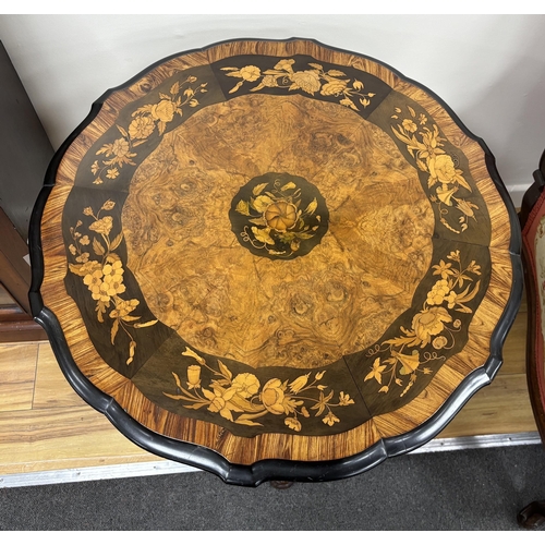 148 - A 19th century Italian floral marquetry burr walnut circular tripod table, diameter 70cm, height 75c... 