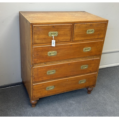 159 - A Victorian teak two part military chest, width 91cm, depth 54cm, height 106cm