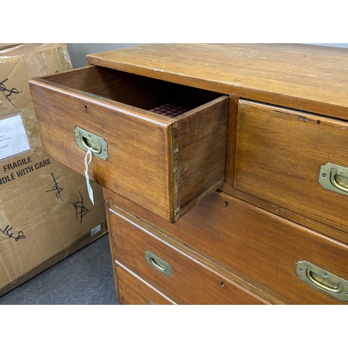 159 - A Victorian teak two part military chest, width 91cm, depth 54cm, height 106cm