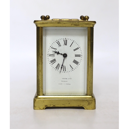 254 - A late 19th century French eight day brass cased carriage timepiece, signed Tfink & Co. London, Made... 