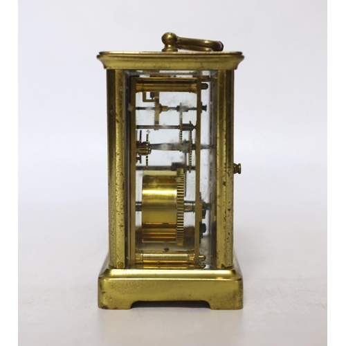 254 - A late 19th century French eight day brass cased carriage timepiece, signed Tfink & Co. London, Made... 