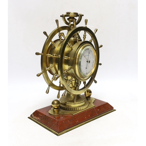 257 - A late Victorian brass and marble ship's wheel timepiece with aneroid barometer and compass, 29.5cm... 