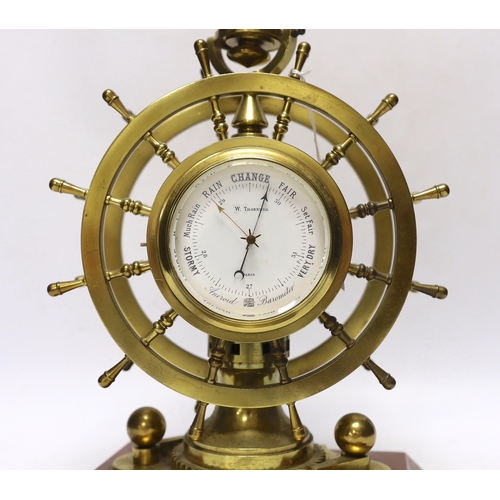 257 - A late Victorian brass and marble ship's wheel timepiece with aneroid barometer and compass, 29.5cm... 