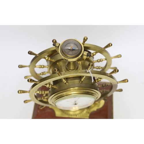 257 - A late Victorian brass and marble ship's wheel timepiece with aneroid barometer and compass, 29.5cm... 