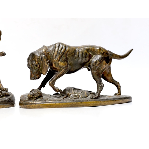 258 - Two patinated spelter models of hunting dogs 20cm