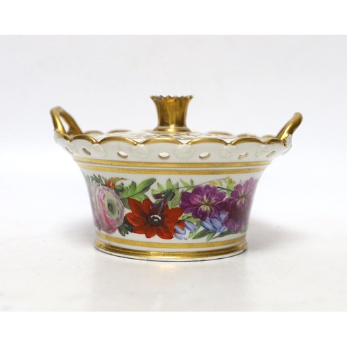 261 - A Coalport pot pourri basket and cover painted with flowers, perhaps in the workshop of Thomas Baxte... 