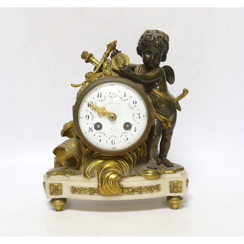 262 - A French ormolu and bronze mantel clock striking on a bell, 22cm high