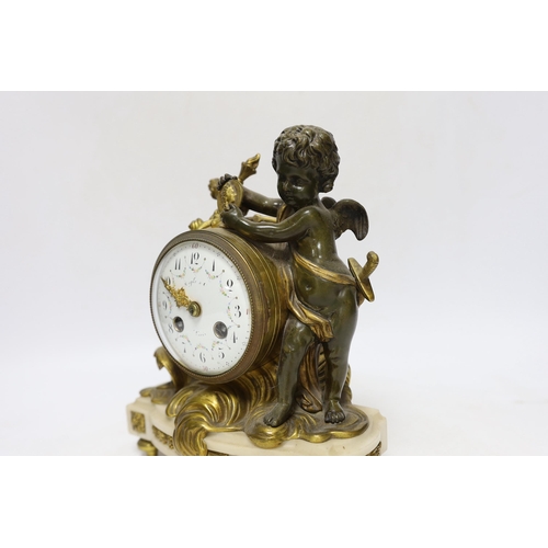 262 - A French ormolu and bronze mantel clock striking on a bell, 22cm high