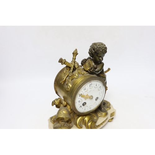 262 - A French ormolu and bronze mantel clock striking on a bell, 22cm high