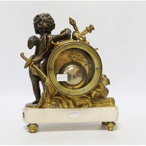 262 - A French ormolu and bronze mantel clock striking on a bell, 22cm high